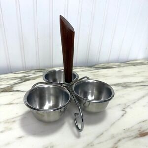 Vintage MCM Stainless Steel Condiment Caddy Wood Handle Set